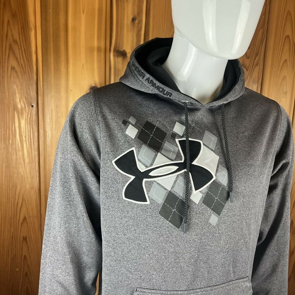 UA Under Armour Hoodie Sweatshirt Pullover Mens Medium Loose Argyle Logo Grey - Picture 3 of 10